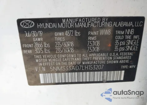 2020 Hyundai Santa Fe Sel из США, поврежденный, VIN 5NMS33AD7LH153207